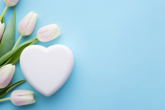 Eco friendly beauty products spa accessories tulip flowers on blue background Zero waste self care heart shaped gift box for Moms day birthday Copy space image Place for adding text or design