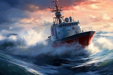 United States Coast Guard Day, the ship cuts through the waves
 - obrazy, fototapety, plakaty