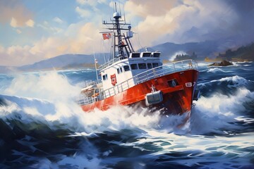 United States Coast Guard Day, the ship cuts through the waves - obrazy, fototapety, plakaty