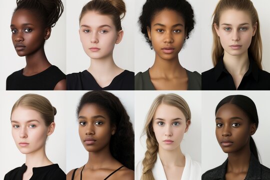 a series of headshots depicting young women from diverse ethnic and racial backgrounds, all exhibiting a serious demeanor.