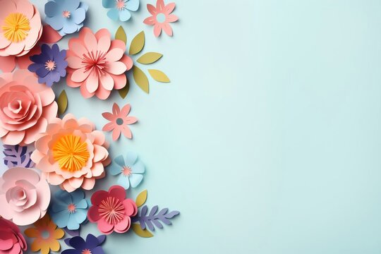 Spring flowers paper style. Bouquet of flowers on pastel background. Valentine's Day, Easter, Birthday, Happy Women's Day, Mother's Day. Flat lay, top view, copy space for text