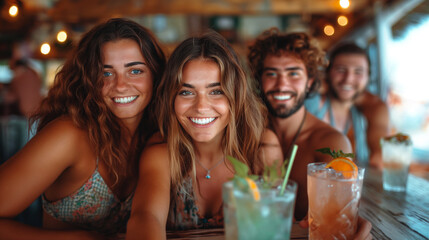 Happy girls having fun cheering with cocktails at bar. People, happiness, recreation and lifestyle concept - obrazy, fototapety, plakaty