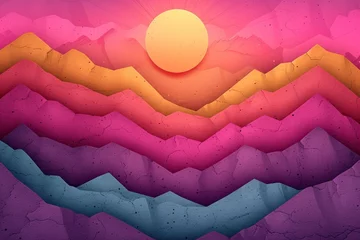 Deurstickers minimalistic 3D landscape. Horizon with sun and moutain shapes. abstract background.  © CreativeCreations