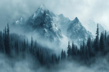 Majestic mountains shrouded in morning mist, evoking a sense of mystery and awe. Concept of the...