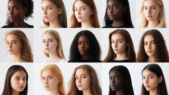 a series of headshots depicting young women of diverse ethnic and racial backgrounds, each portraying a serious demeanor.