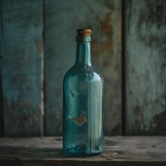 Vintage Blue Bottle on Rustic Wooden Surface with Weathered Background