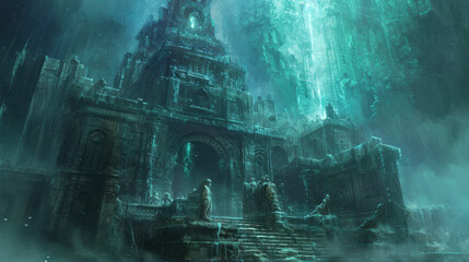 Mysterious ancient ruins with ethereal light. Fantasy and adventure.