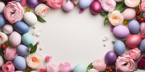 Fototapeta na wymiar Rose background with colorful easter eggs round frame