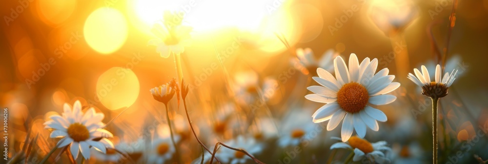 Poster chamomiles or daisies bloom in a field. backdrop with selective focus and copy space