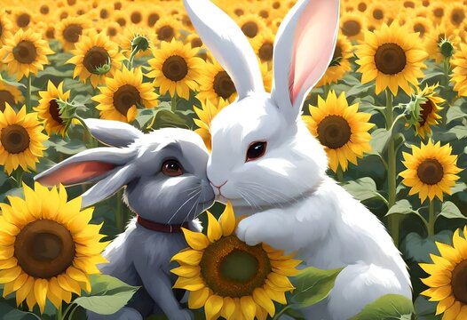 two rabbits in a field of sunflowers. 