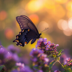 Black Butterfly on Purple Flowers with Golden Bokeh Background