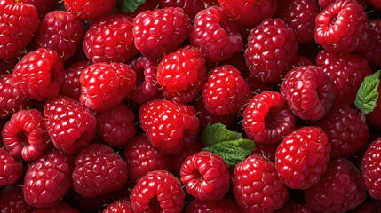 A close-up view of a group of ripe, vivid red raspberries with a deep, textured detail. 
