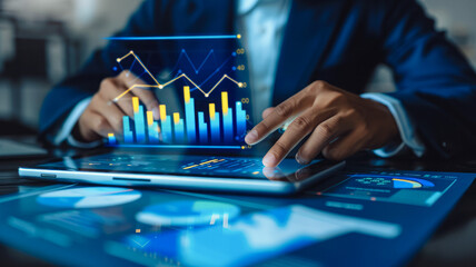 Global business growth: A businessman emphasizes strategic investments and long-term financial planning for sustainable marketing success in a mature economy.