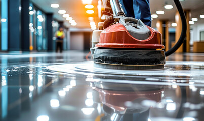 Professional janitorial staff using an industrial floor buffer machine for cleaning and polishing the hallway of a modern corporate or commercial building - obrazy, fototapety, plakaty