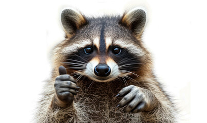 Amusing raccoon giving a thumbs up gesture with a humorous expression, isolated on a white background, embodying positive reinforcement and approval