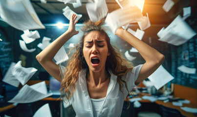 Overwhelmed young businesswoman in panic with papers flying in chaos at her workplace, concept of stress and deadline in the corporate environment - obrazy, fototapety, plakaty