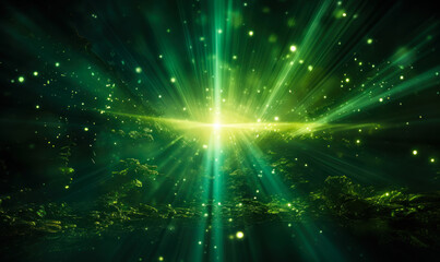 Radiant green light beams radiating from a single luminous point with particles, depicting energy, vitality, or a mystical celestial event in space