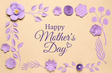 Greeting card for Mother's Day with paper flowers and leaves
