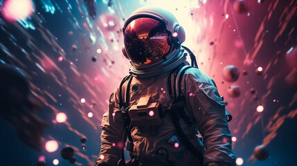 Astronaut in space with a colorful starry background.