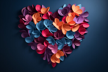 Colorful heart shape made of paper flowers on a dark blue background.