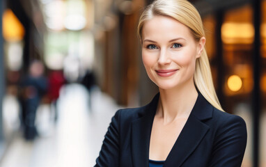Fototapeta premium A young businesswoman, joyful and beautifully smiling, radiates confidence and a positive spirit as she stands on the street with crossed arms, looking directly into the camera.