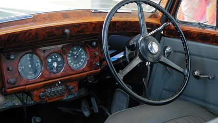 Iterior of retro old car. Close up