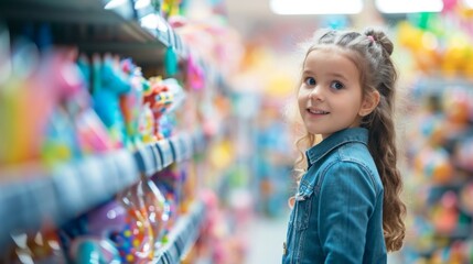 Little girl choosing toys in kids store