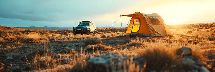 Camping tent close up concept of traveling on dirt roads on an off-road vehicle.