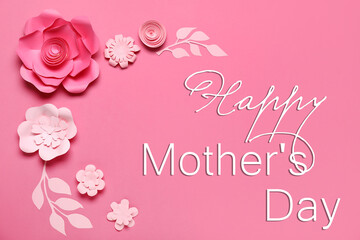 Pink greeting card for Mother's Day with paper flowers and leaves