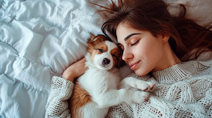 A young woman lies on a bed with a cute little puppy