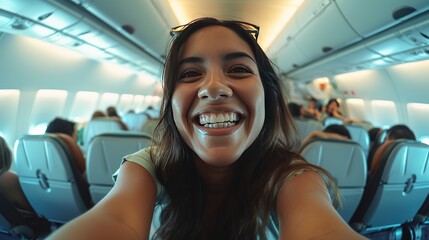 Happy woman smiling while taking a selfie during air travel, enjoying leisure and fun