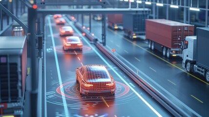 Self-driving car fleet in a logistic hub, optimizing delivery and transport services with efficiency and precision