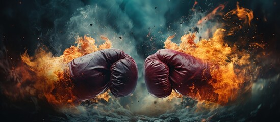 Close-up of two fists hitting each other with motion fire and smoke illustrations.