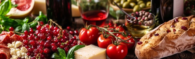 "Assortiment de cuisine méditerranéenne avec vin rouge"