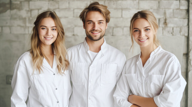 Professionals wear crisp white uniforms in the workplace. The concept conveys a sense of work seriousness, unity, and expertise.