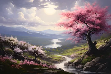 Poster Im Rahmen Landscape with a river and cherry trees, cherry blossom landscape © MrJeans