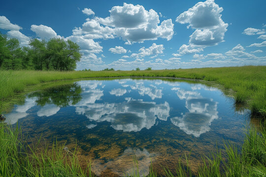 A serene pond reflecting a cloud-strewn sky, highlighting the delicate balance between water and atmosphere. Concept of reflective equilibrium. Generative Ai.