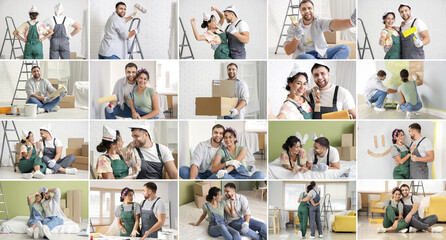 Collection of happy young couple during home repair