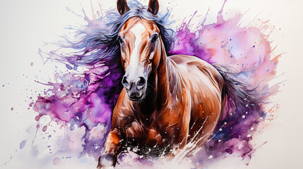 A stunning watercolor depiction of a horse captured in dynamic splashes of color