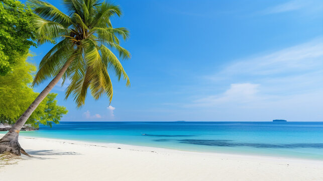 Pristine tropical beach with clear blue water and palm tree