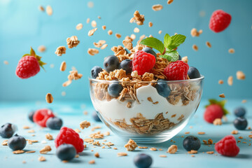 Granola with yogurt and berries in bowl on a blue background - obrazy, fototapety, plakaty