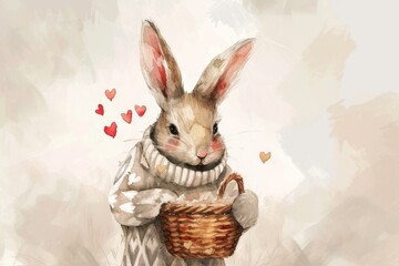 Watercolor painting of a charming rabbit in a cozy sweater, carrying a basket full of hearts, symbolizing love and giving.