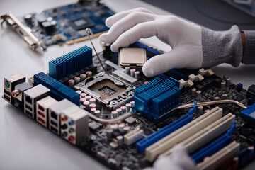 Hand of unrecognizable repairman inserting CPU into motherboard socket of disassembled computer