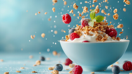 Granola with yogurt and berries in bowl on a blue background
