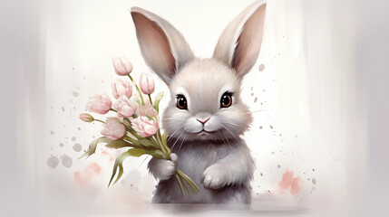 Cute Bunny Holding a Bouquet of Pink Tulips Illustration