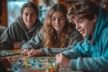 Fototapeta premium A group of cousins playing board games on a lazy Sunday afternoon, embodying the enduring bonds of extended family. Concept of familial playfulness. Generative Ai.