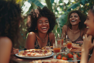 A circle of friends sharing laughter and relishing a meal at an al fresco restaurant amidst the summer season