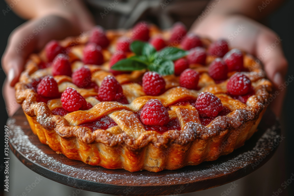 Poster a close-up of hands holding a homemade pie, emphasizing the collaborative effort and joy of creating