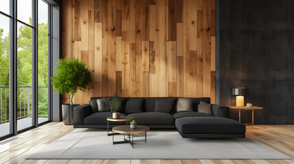  Modern living room, with wooden walls and black furniture, minimalist style. Interior design. Modern futuristic house.