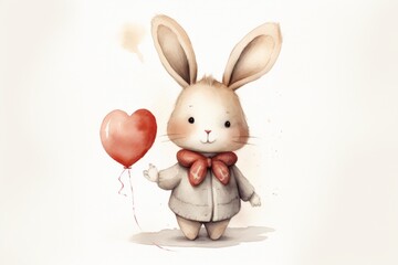 Adorable watercolor rabbit holding a heart-shaped balloon, ideal for Valentine's decor, children's illustrations, and greeting cards.
